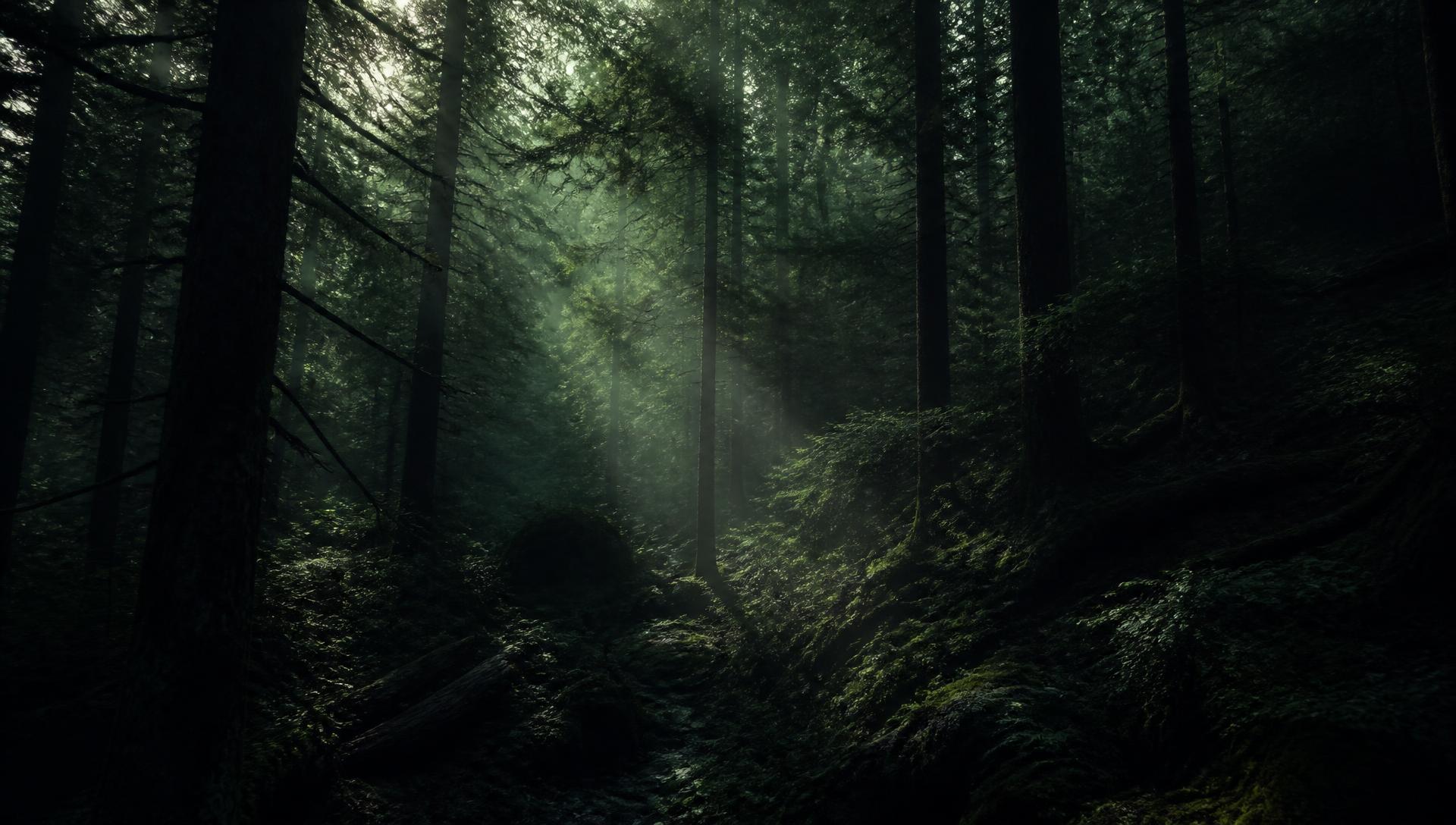 Light rays through a dark misty forest